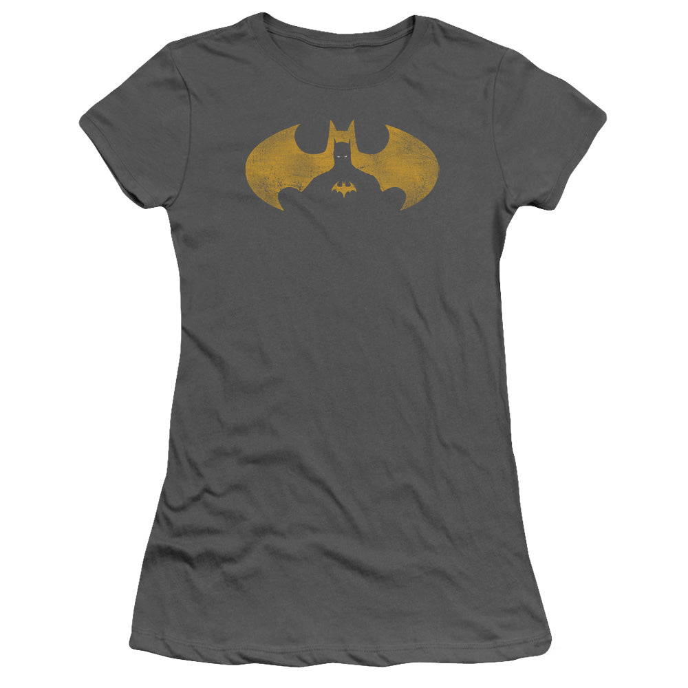 Batman Bat Symbol Knockout Junior Sheer Cap Sleeve Womens T Shirt Charcoal
