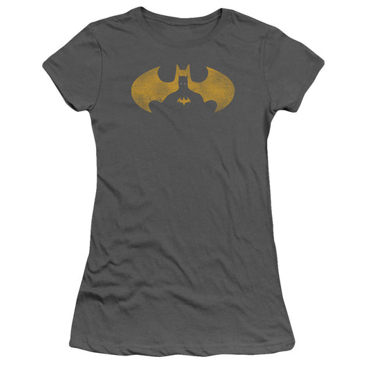 Batman Bat Symbol Knockout Junior Sheer Cap Sleeve Womens T Shirt Charcoal