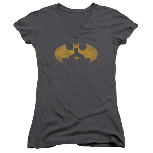 Batman Bat Symbol Knockout Junior Sheer Cap Sleeve V Neck Womens T Shirt Charcoal