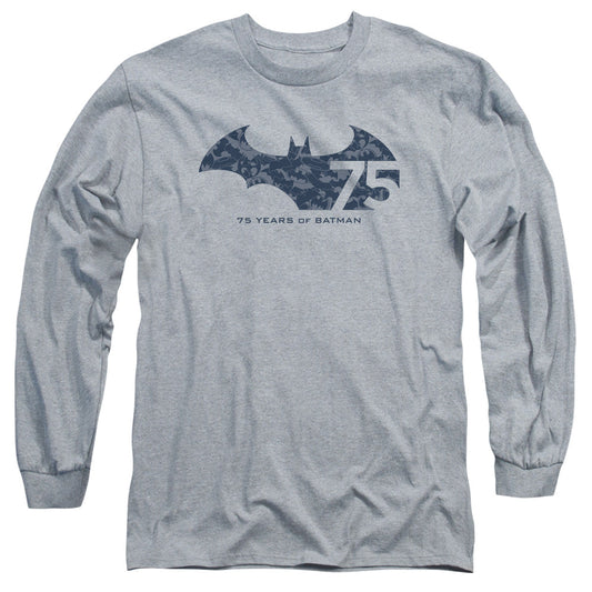 Batman 75 Year Collage Mens Long Sleeve Shirt Athletic Heather