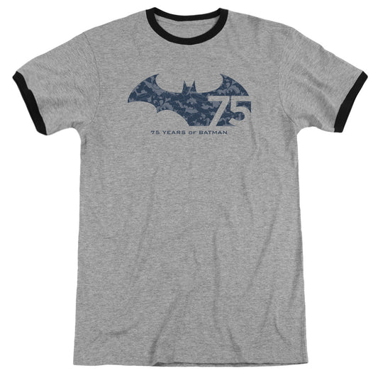 Batman 75 Year Collage Heather Ringer Mens T Shirt Heather Black