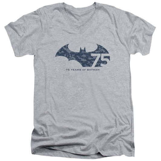 Batman 75 Year Collage Mens Slim Fit V Neck T Shirt Athletic Heather