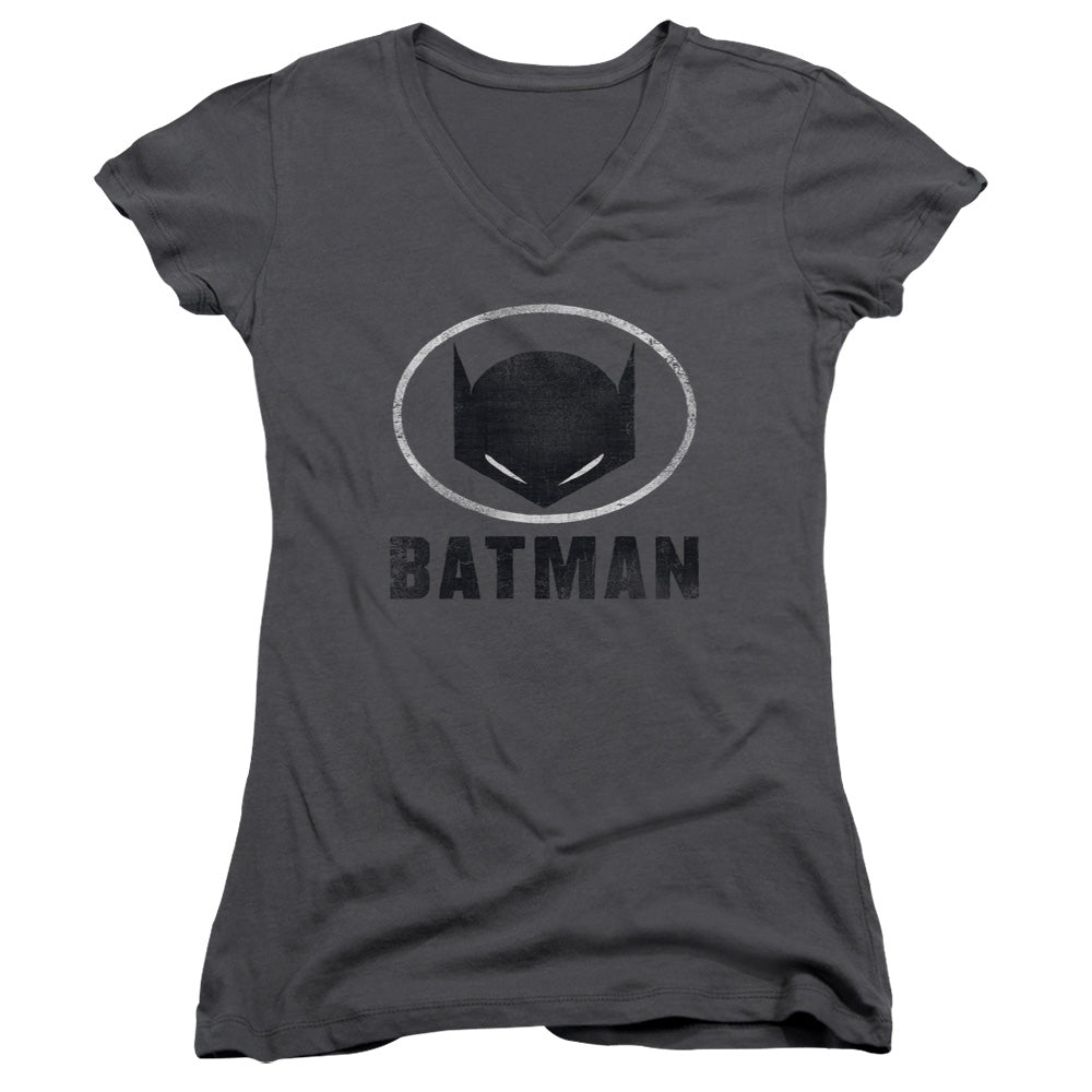Batman Mask In Oval Junior Sheer Cap Sleeve V Neck Womens T Shirt Charcoal