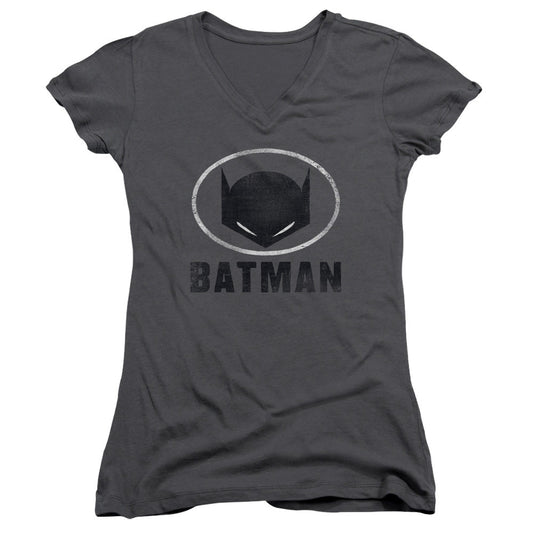Batman Mask In Oval Junior Sheer Cap Sleeve V Neck Womens T Shirt Charcoal