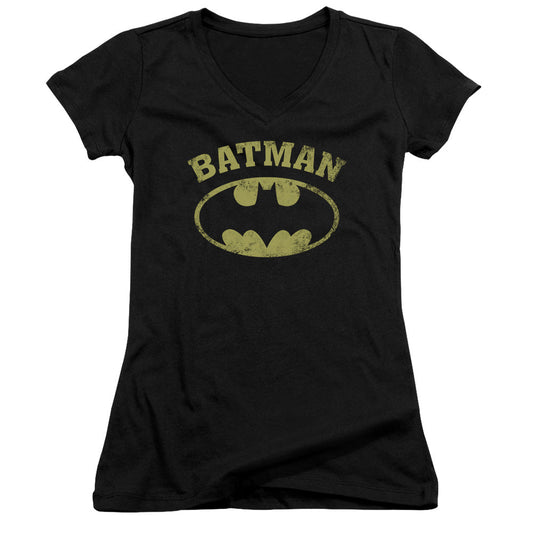 Batman Over Symbol Junior Sheer Cap Sleeve V Neck Womens T Shirt Black