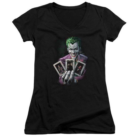 Batman 3 Of A Kind Junior Sheer Cap Sleeve V Neck Womens T Shirt Black
