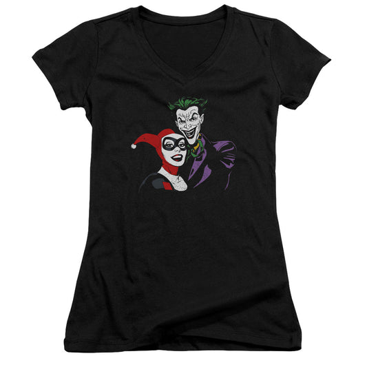 Batman Joker & Harley Junior Sheer Cap Sleeve V Neck Womens T Shirt Black