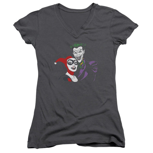 Batman Joker & Harley Junior Sheer Cap Sleeve V Neck Womens T Shirt Charcoal