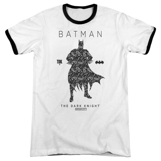 Batman Paislety Silhouete Heather Ringer Mens T Shirt White Black