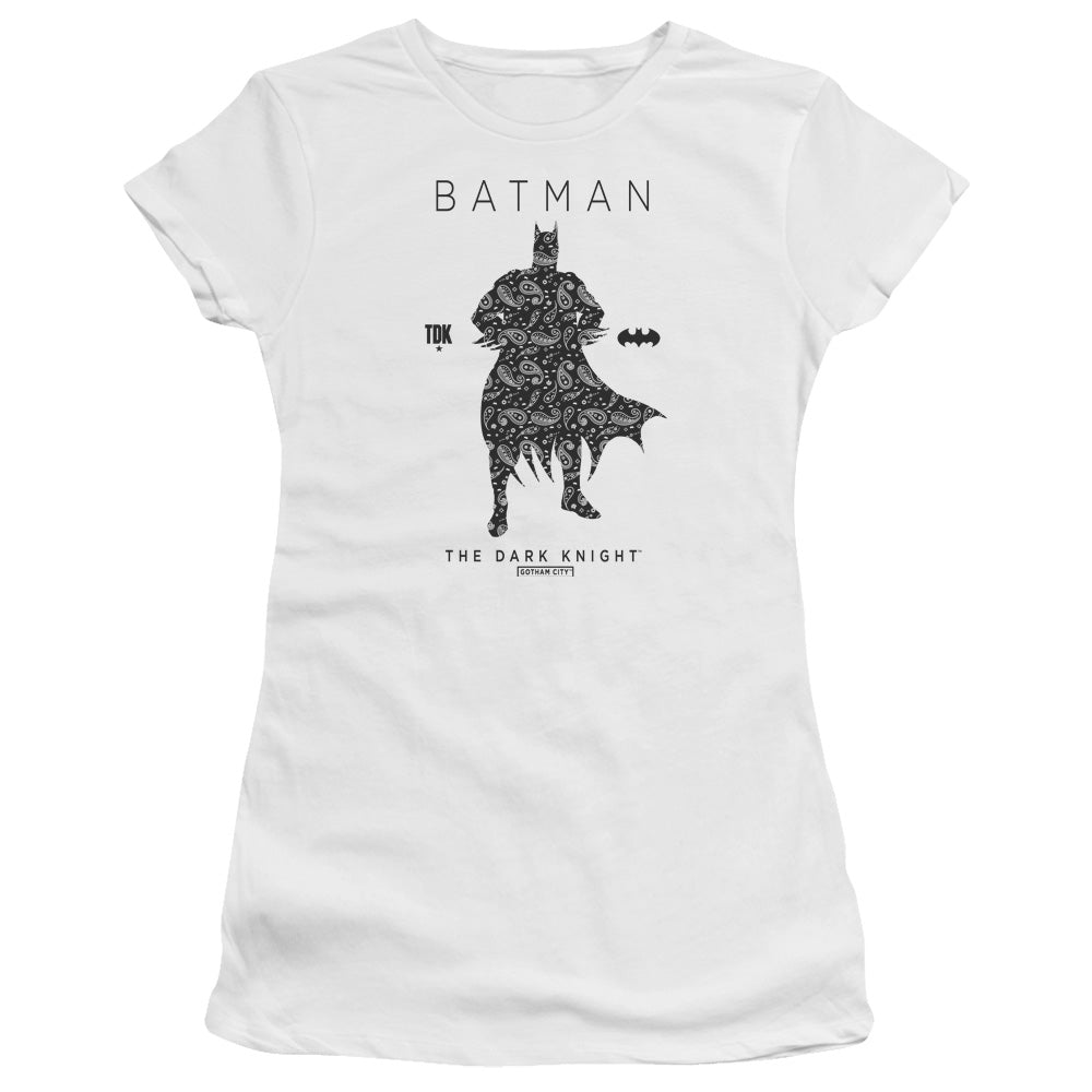 Batman Paislety Silhouete Junior Sheer Cap Sleeve Womens T Shirt White