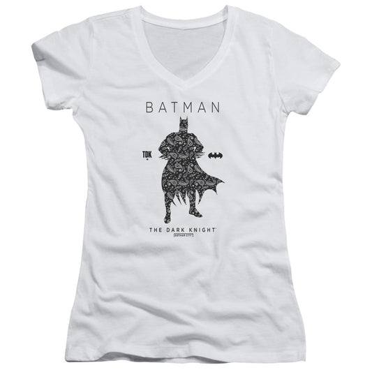 Batman Paislety Silhouete Junior Sheer Cap Sleeve V Neck Womens T Shirt White