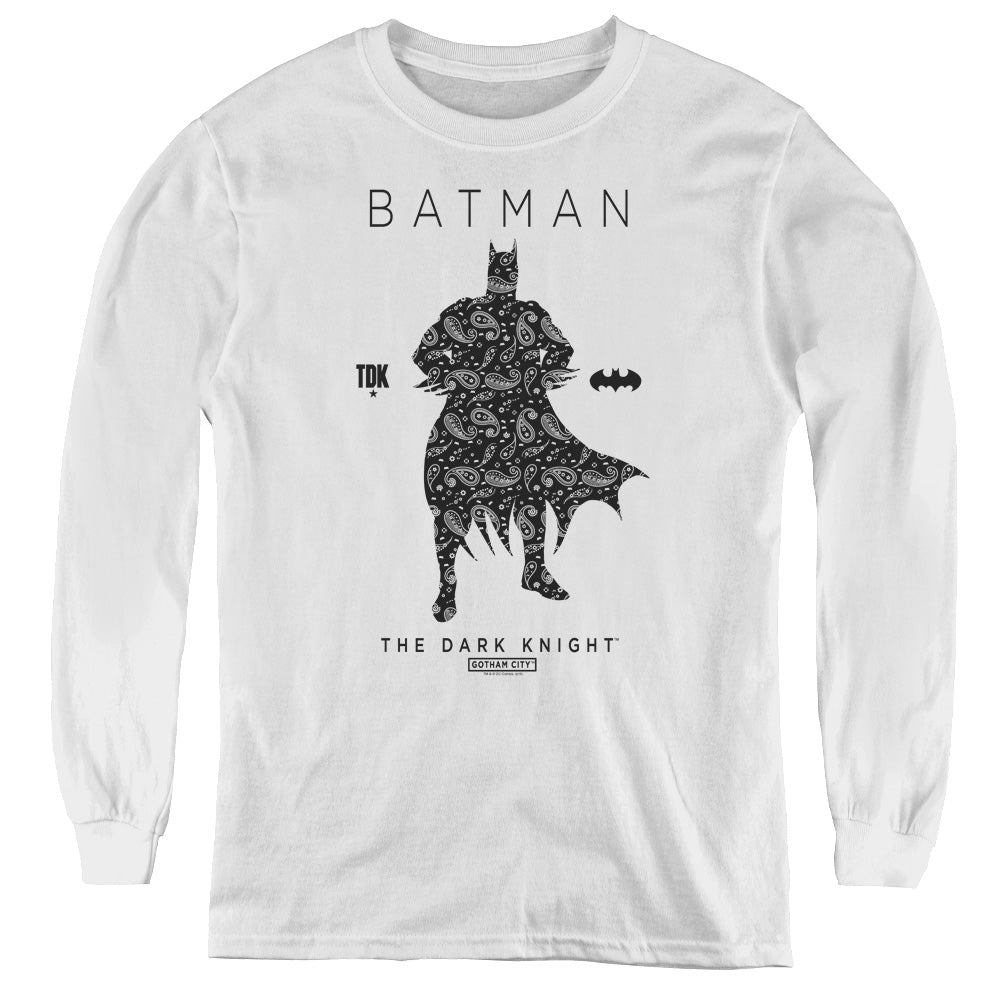 Batman Paislety Silhouete Long Sleeve Kids Youth T Shirt White