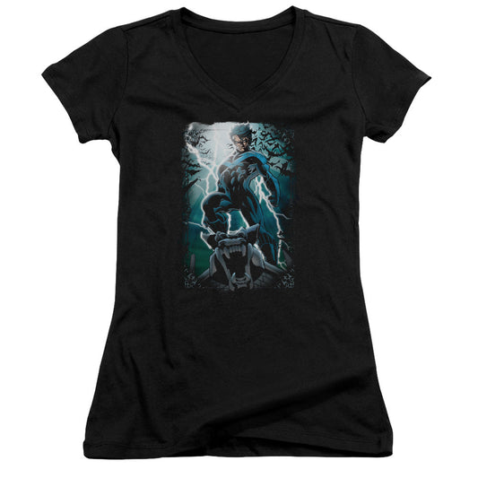 Batman Night Light Junior Sheer Cap Sleeve V Neck Womens T Shirt Black