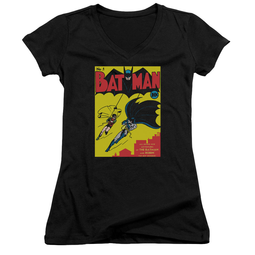 Batman Batman First Junior Sheer Cap Sleeve V Neck Womens T Shirt Black