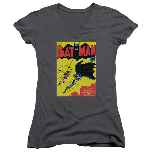 Batman Batman First Junior Sheer Cap Sleeve V Neck Womens T Shirt Charcoal
