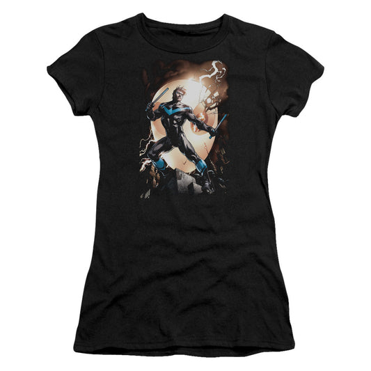Batman Nightwing Against Owls Junior Sheer Cap Sleeve Womens T Shirt Black