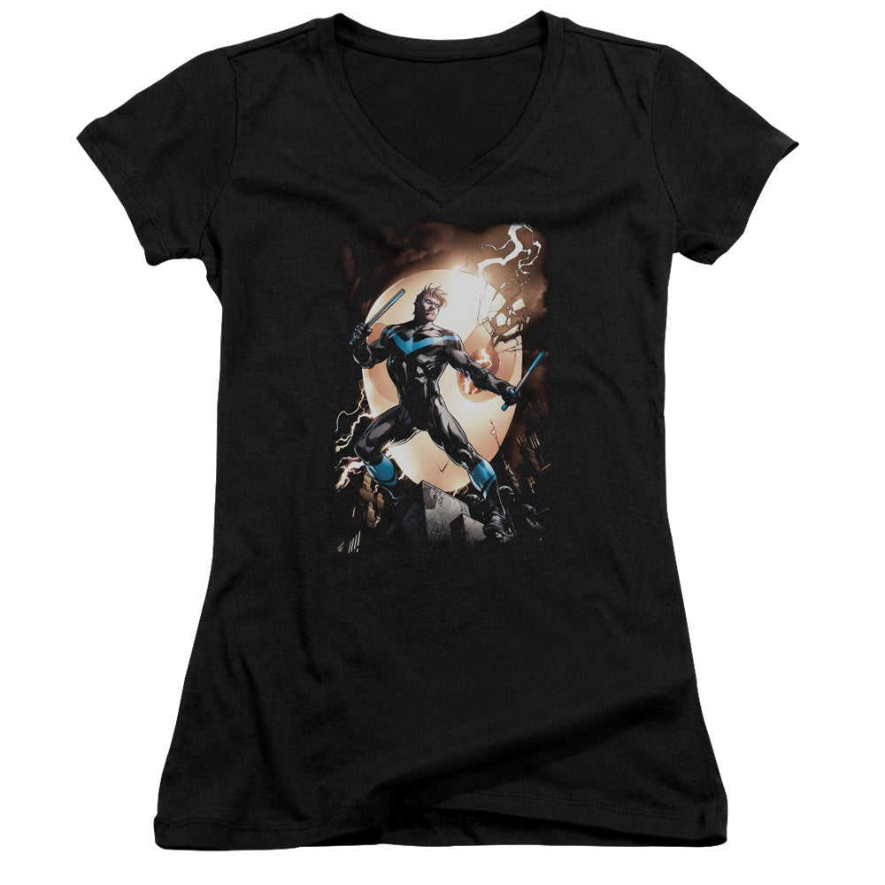 Batman Nightwing Against Owls Junior Sheer Cap Sleeve V Neck Womens T Shirt Black