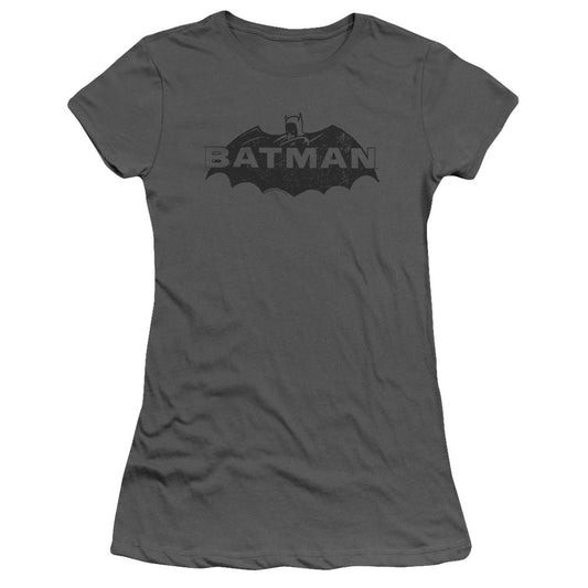 Batman Newsprint Logo Junior Sheer Cap Sleeve Womens T Shirt Charcoal