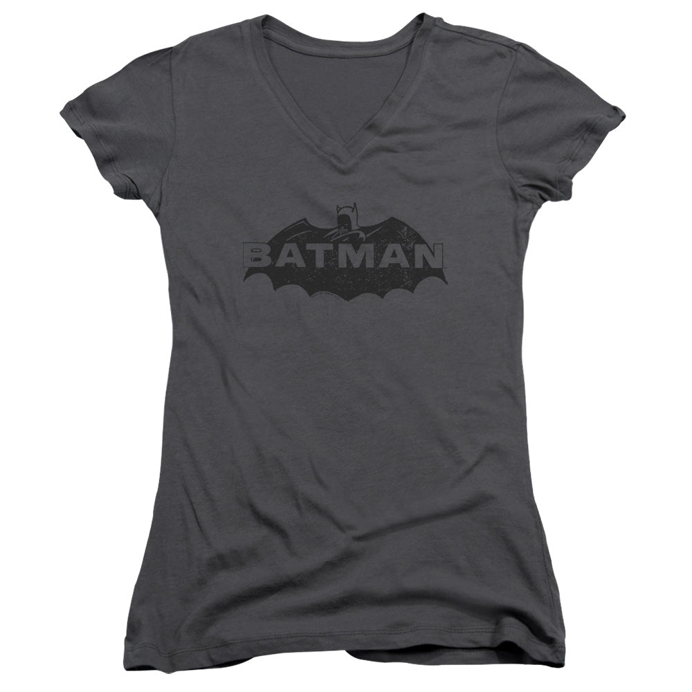 Batman Newsprint Logo Junior Sheer Cap Sleeve V Neck Womens T Shirt Charcoal