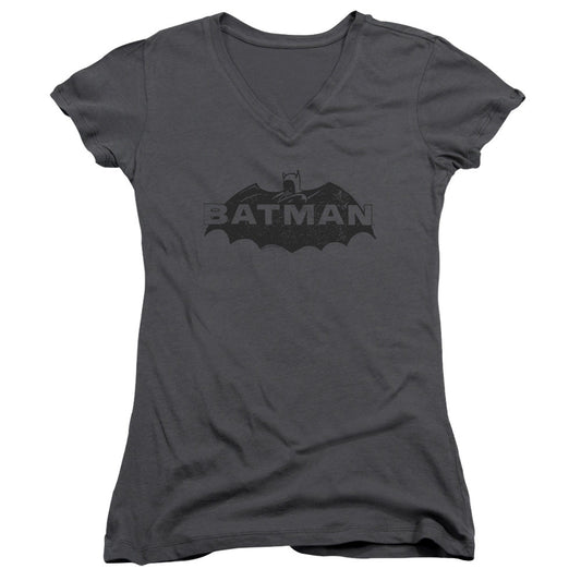 Batman Newsprint Logo Junior Sheer Cap Sleeve V Neck Womens T Shirt Charcoal