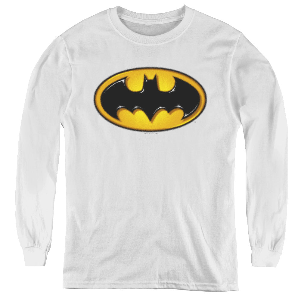 Batman Airbrush Bat Symbol Long Sleeve Kids Youth T Shirt White