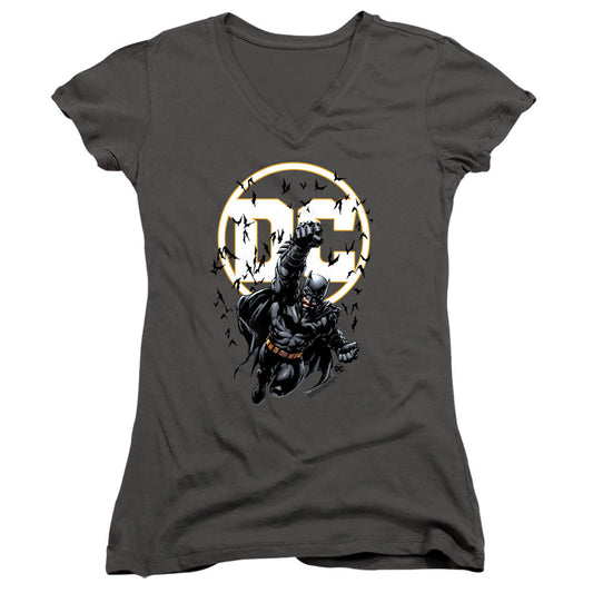 Batman Batman Dc Junior Sheer Cap Sleeve V Neck Womens T Shirt Charcoal