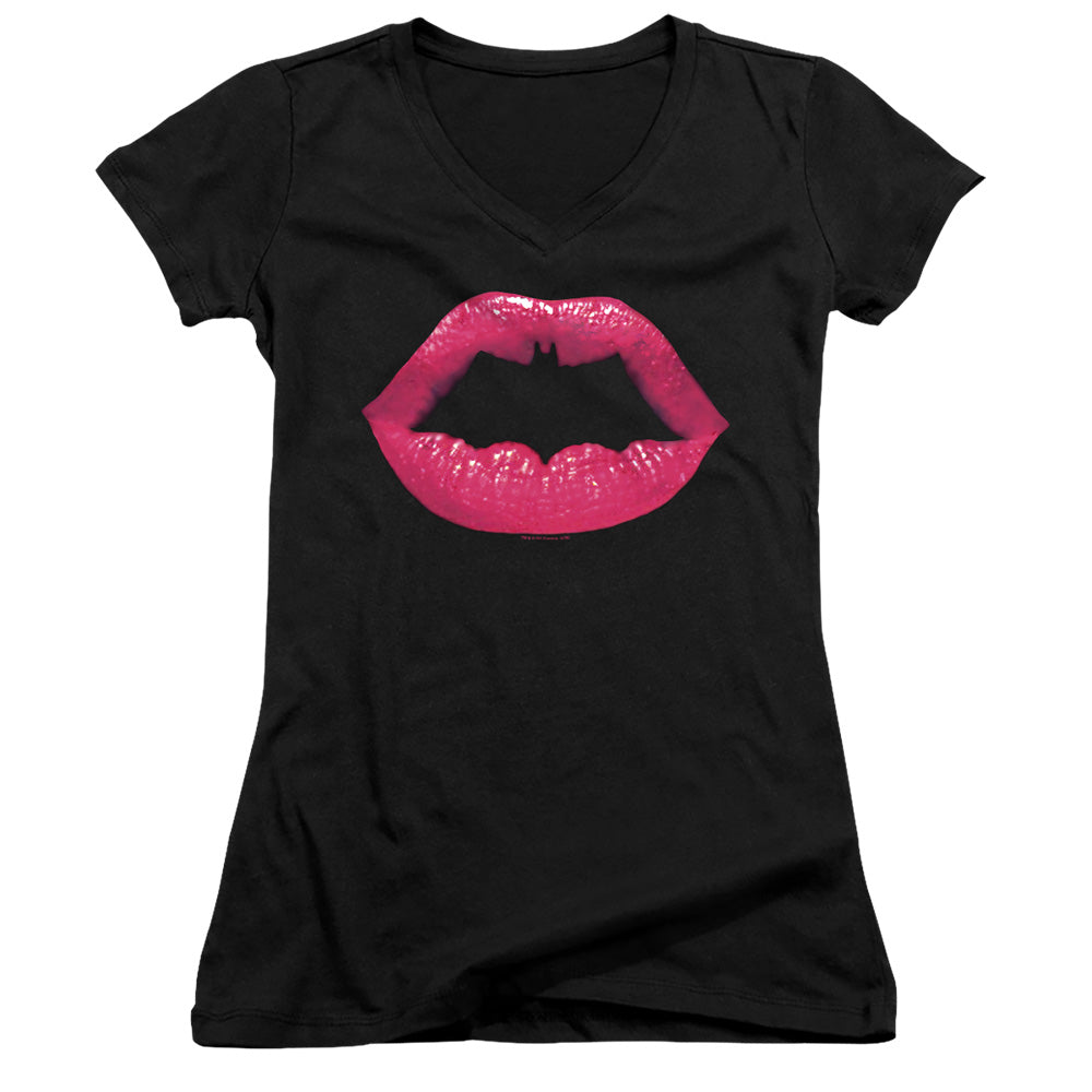 Batman Bat Kiss Junior Sheer Cap Sleeve V Neck Womens T Shirt Black