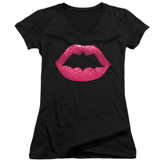 Batman Bat Kiss Junior Sheer Cap Sleeve V Neck Womens T Shirt Black