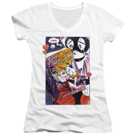 Batman Loves Wacky Fury Junior Sheer Cap Sleeve V Neck Womens T Shirt White