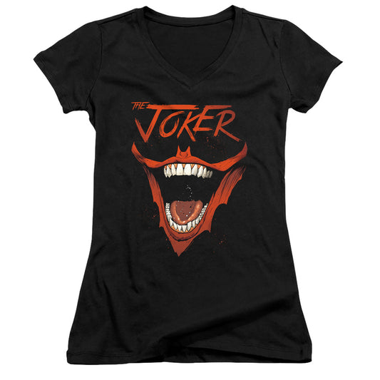 Batman Joker Bat Laugh Junior Sheer Cap Sleeve V Neck Womens T Shirt Black