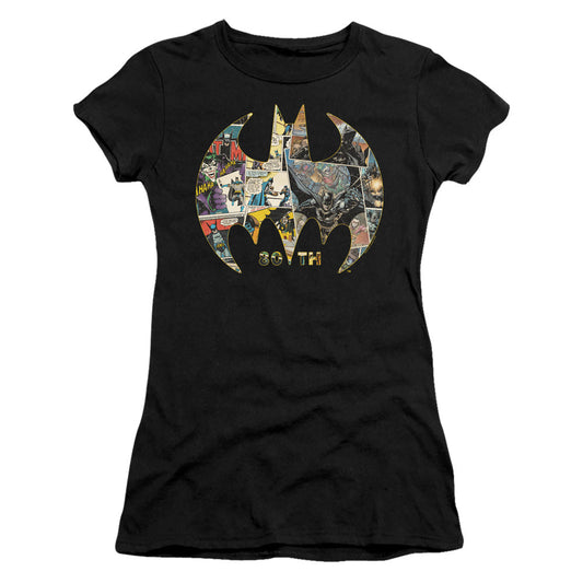 Batman 80th Shield Junior Sheer Cap Sleeve Womens T Shirt Black