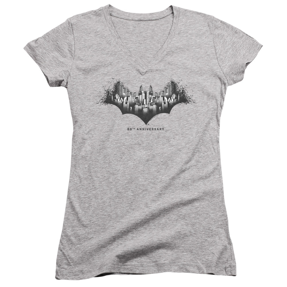 Batman Gotham Shield Junior Sheer Cap Sleeve V Neck Womens T Shirt Athletic Heather
