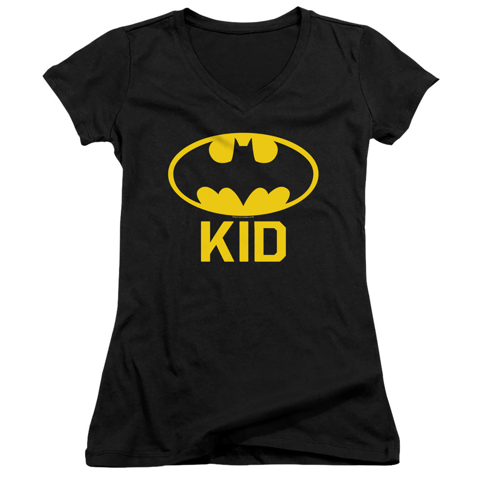 Batman Bat Kid Junior Sheer Cap Sleeve V Neck Womens T Shirt Black