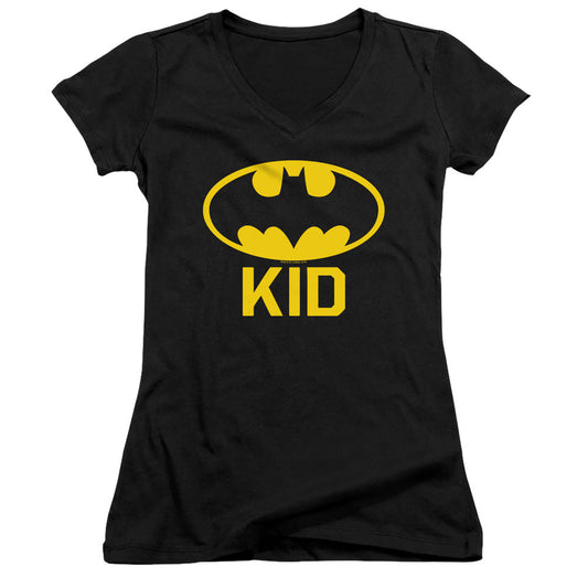 Batman Bat Kid Junior Sheer Cap Sleeve V Neck Womens T Shirt Black
