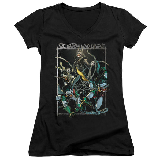 Batman Batman Who Laughs Junior Sheer Cap Sleeve V Neck Womens T Shirt Black