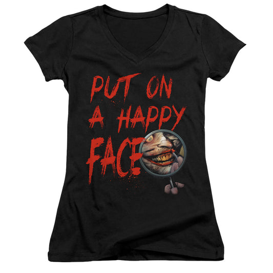 Batman Happy Face Junior Sheer Cap Sleeve V Neck Womens T Shirt Black