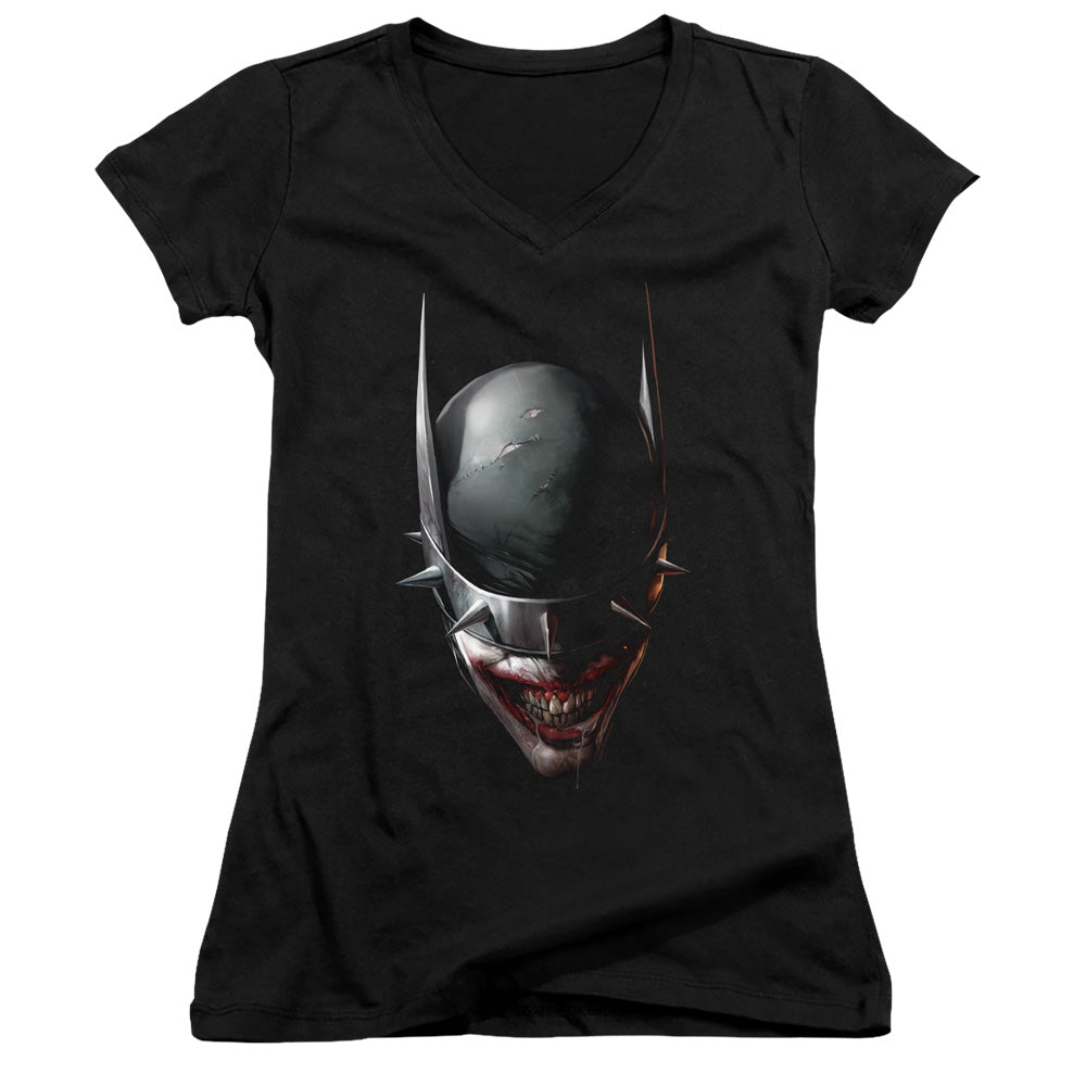 Batman Batman Who Laughs Head Junior Sheer Cap Sleeve V Neck Womens T Shirt Black