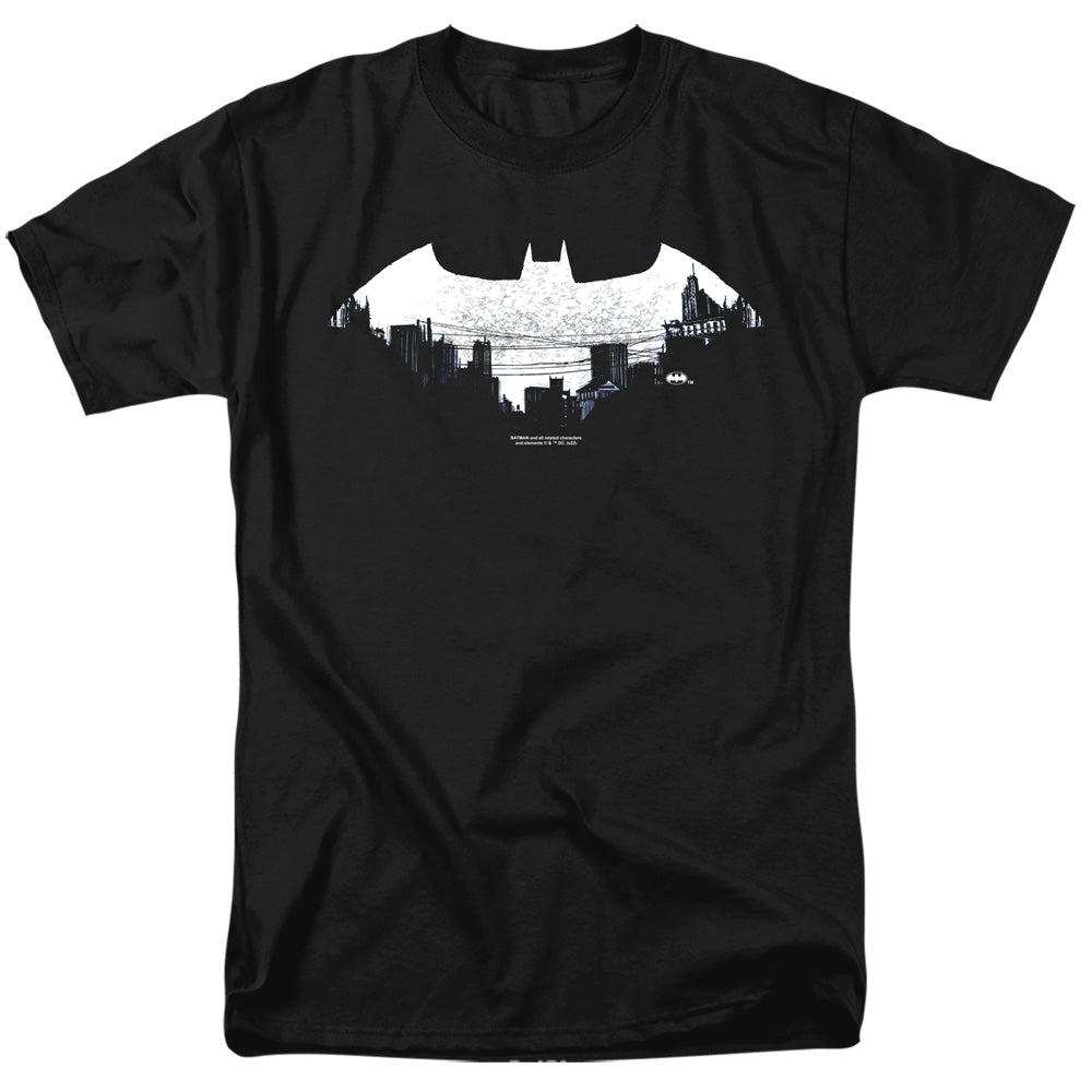 Batman Bat Logo Cityscape Mens T Shirt Black