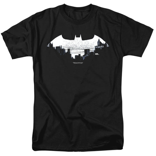 Batman Bat Logo Cityscape Mens T Shirt Black