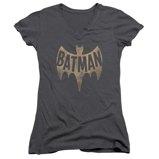 Batman Classic Tv Vintage Logo Junior Sheer Cap Sleeve V Neck Womens T Shirt Charcoal
