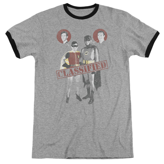 Batman Classic Tv Classified Heather Ringer Mens T Shirt Heather Black