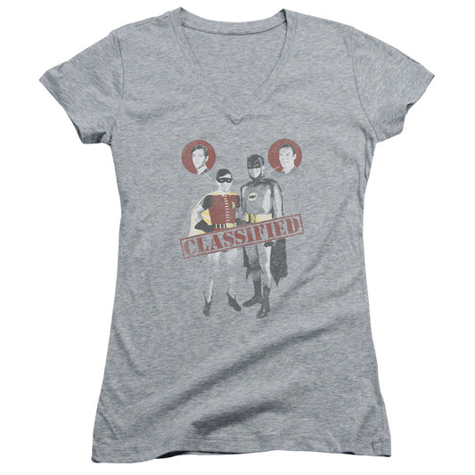 Batman Classic Tv Classified Junior Sheer Cap Sleeve V Neck Womens T Shirt Athletic Heather