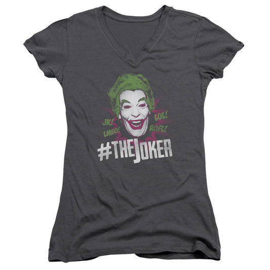 Batman Classic Tv #joker Junior Sheer Cap Sleeve V Neck Womens T Shirt Charcoal