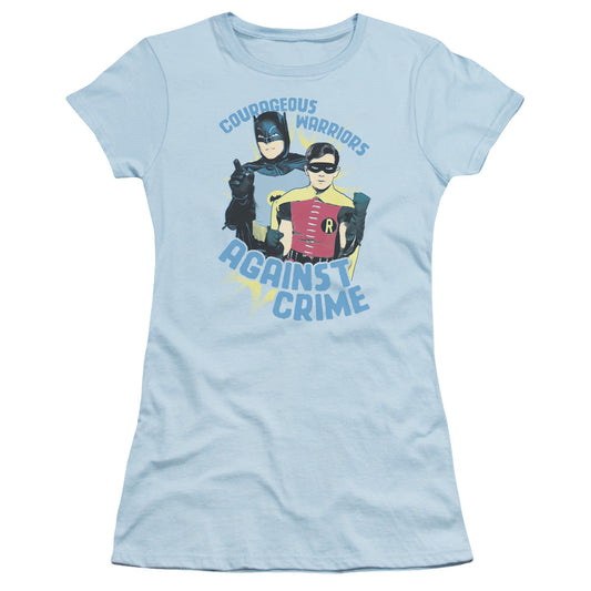 Batman Classic Tv Courageous Warriors Junior Sheer Cap Sleeve Womens T Shirt Light Blue