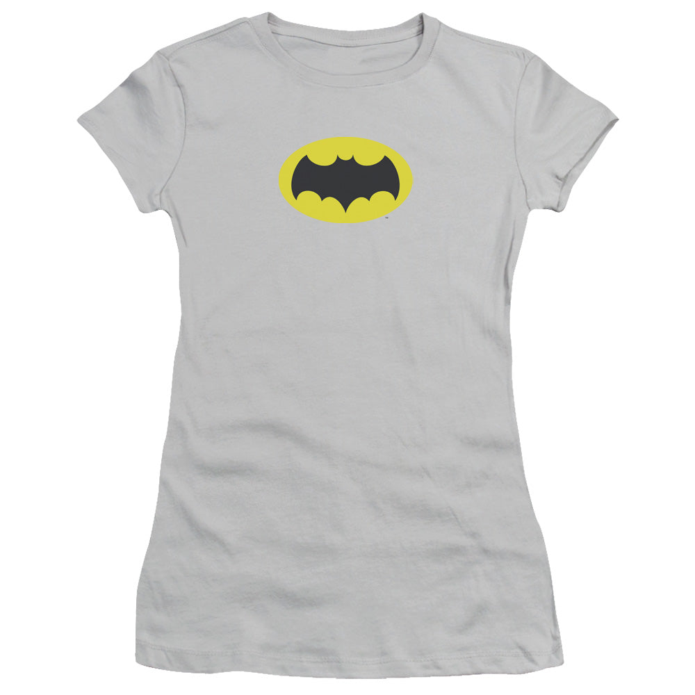 Batman Classic Tv Chest Logo Junior Sheer Cap Sleeve Womens T Shirt Silver