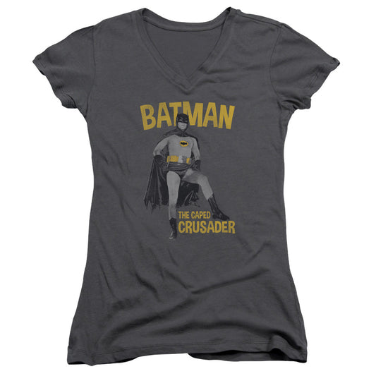 Batman Classic Tv Caped Crusader Junior Sheer Cap Sleeve V Neck Womens T Shirt Charcoal