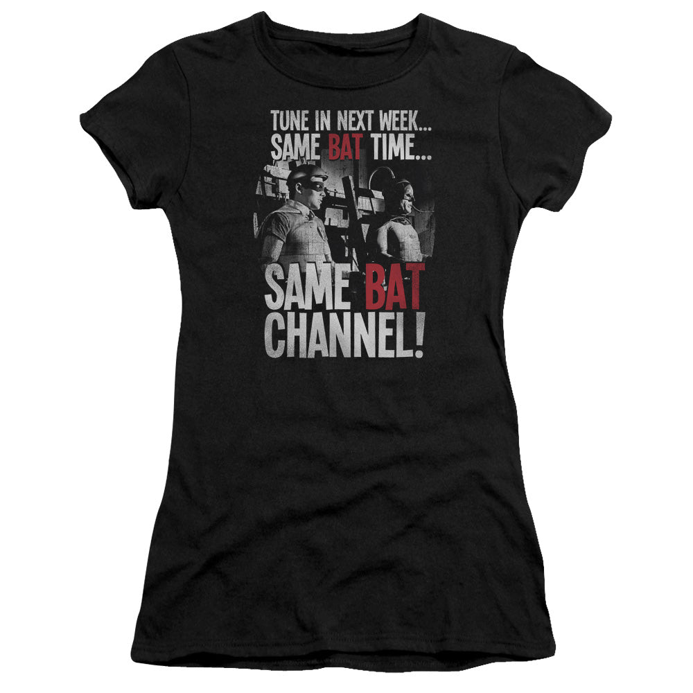 Batman Classic Tv Bat Channel Junior Sheer Cap Sleeve Womens T Shirt Black