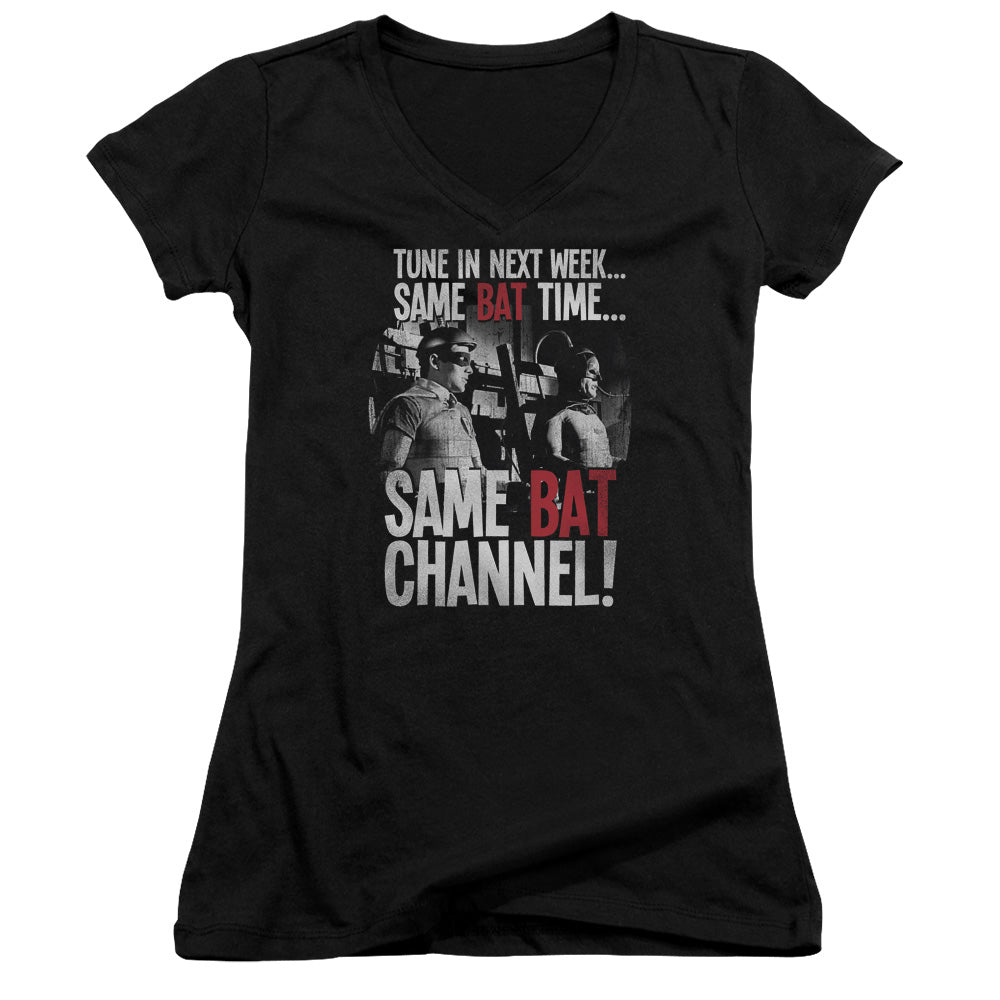 Batman Classic Tv Bat Channel Junior Sheer Cap Sleeve V Neck Womens T Shirt Black