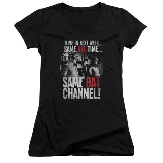 Batman Classic Tv Bat Channel Junior Sheer Cap Sleeve V Neck Womens T Shirt Black