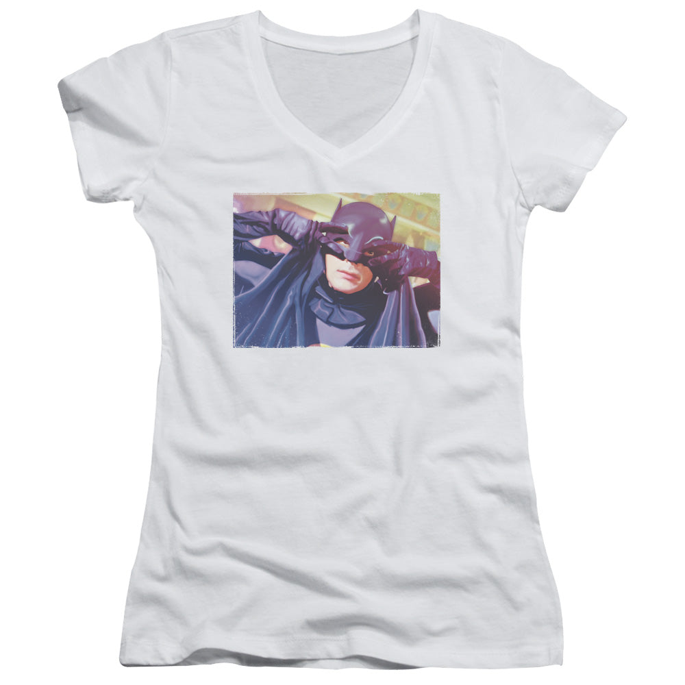 Batman Classic Tv Ooth Groove Junior Sheer Cap Sleeve V Neck Womens T Shirt White